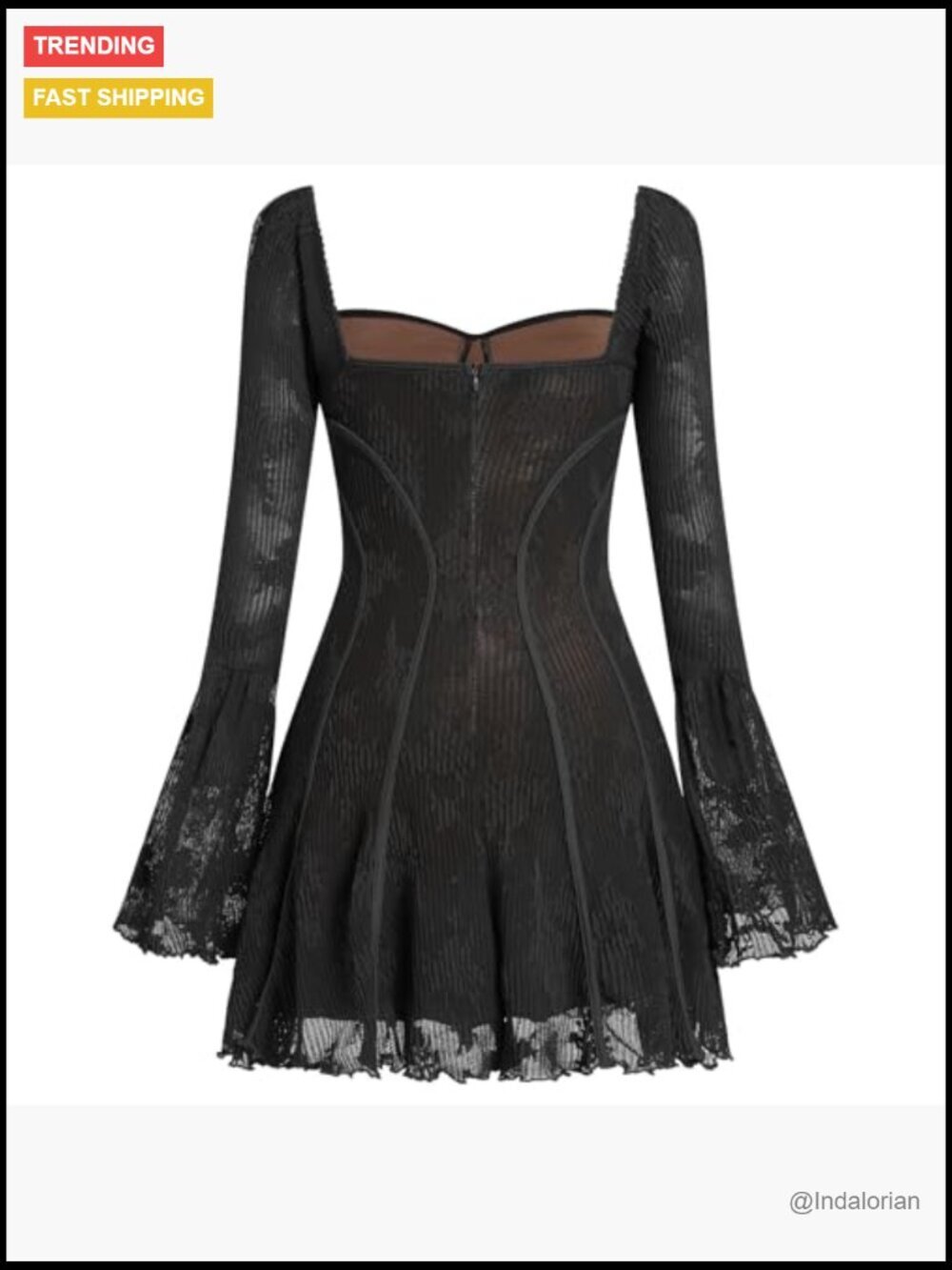 Long Sleeve Corset Mini Dress with Floral Lace and Ruffle Hem - Picture 2 of 3